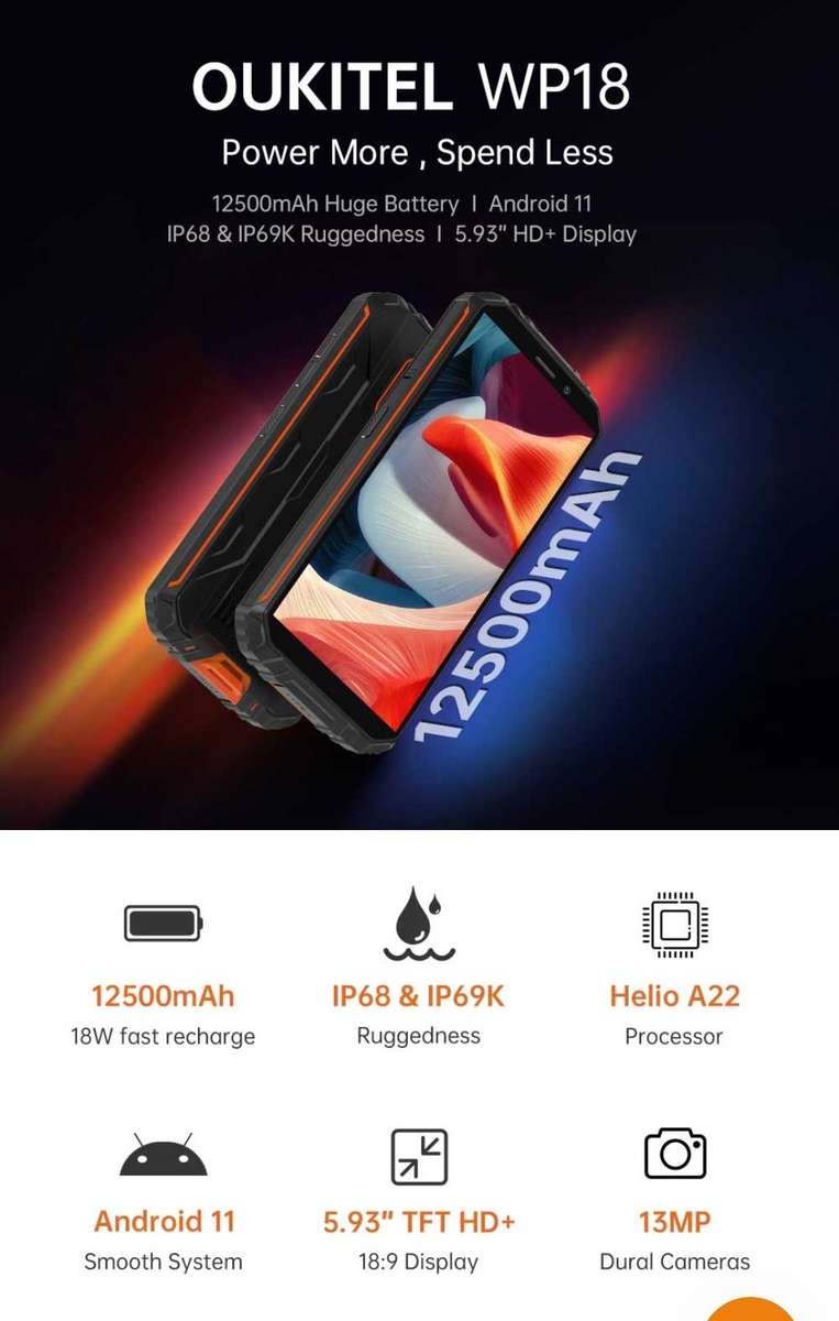 OUKITEL WP18 - 4G IP68 RUGGED SMARTPHONE WITH 12500mAh, 5.93",IP68
