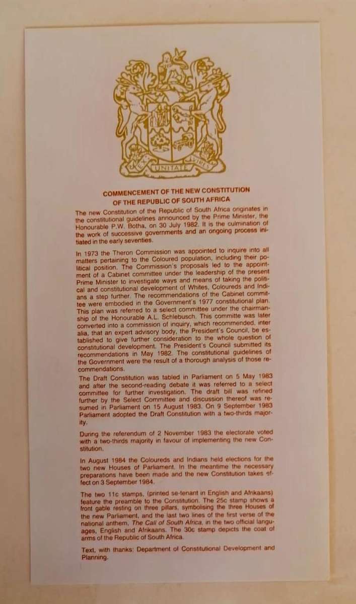 1984 South Africa First Day Cover  New Constitution  Ex Unitate Vires | PT 4.9 | With Original Ins