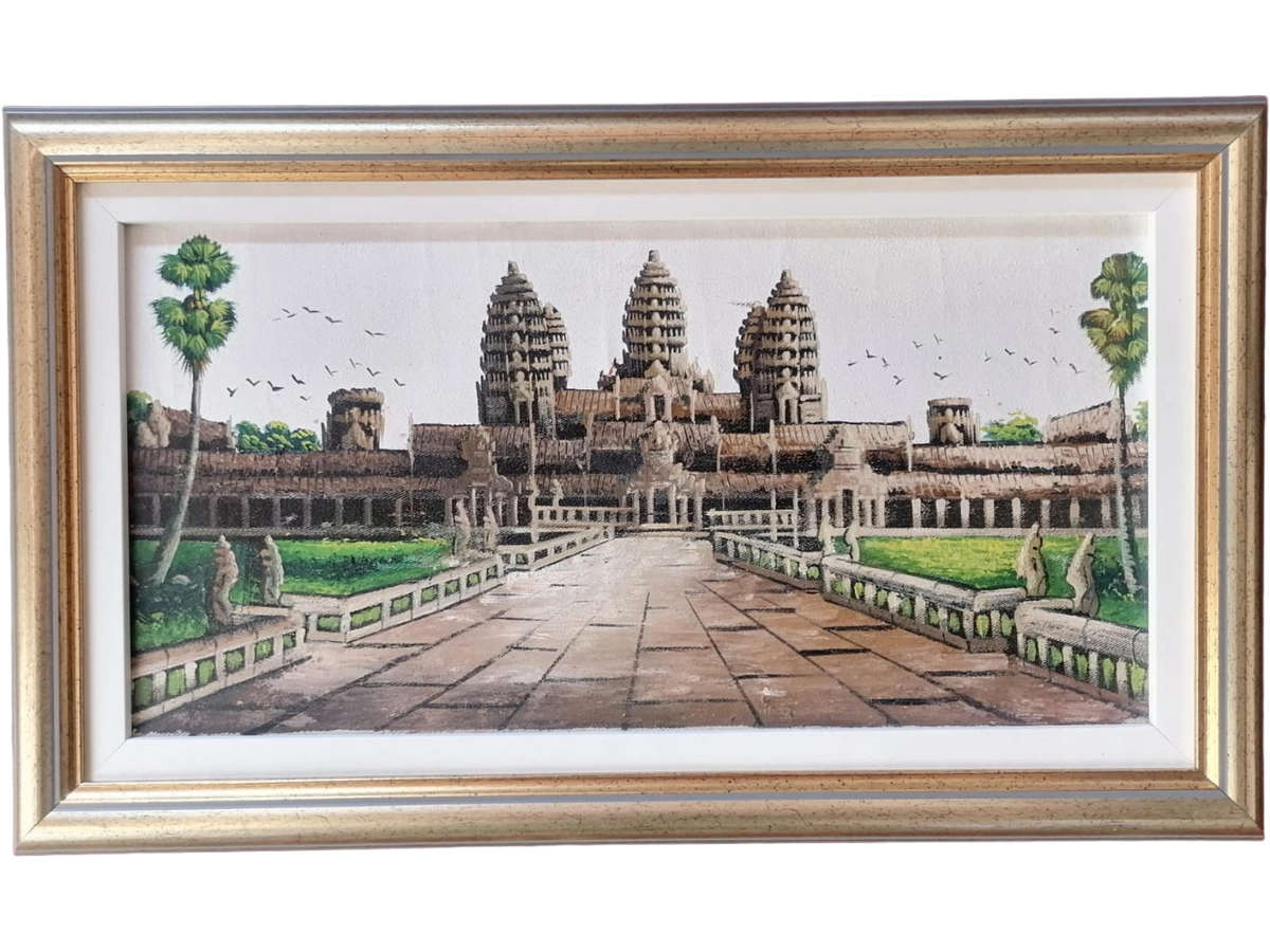 Hand-Painted Angkor Wat Temple Landscape  Framed Oil on Canvas Painting