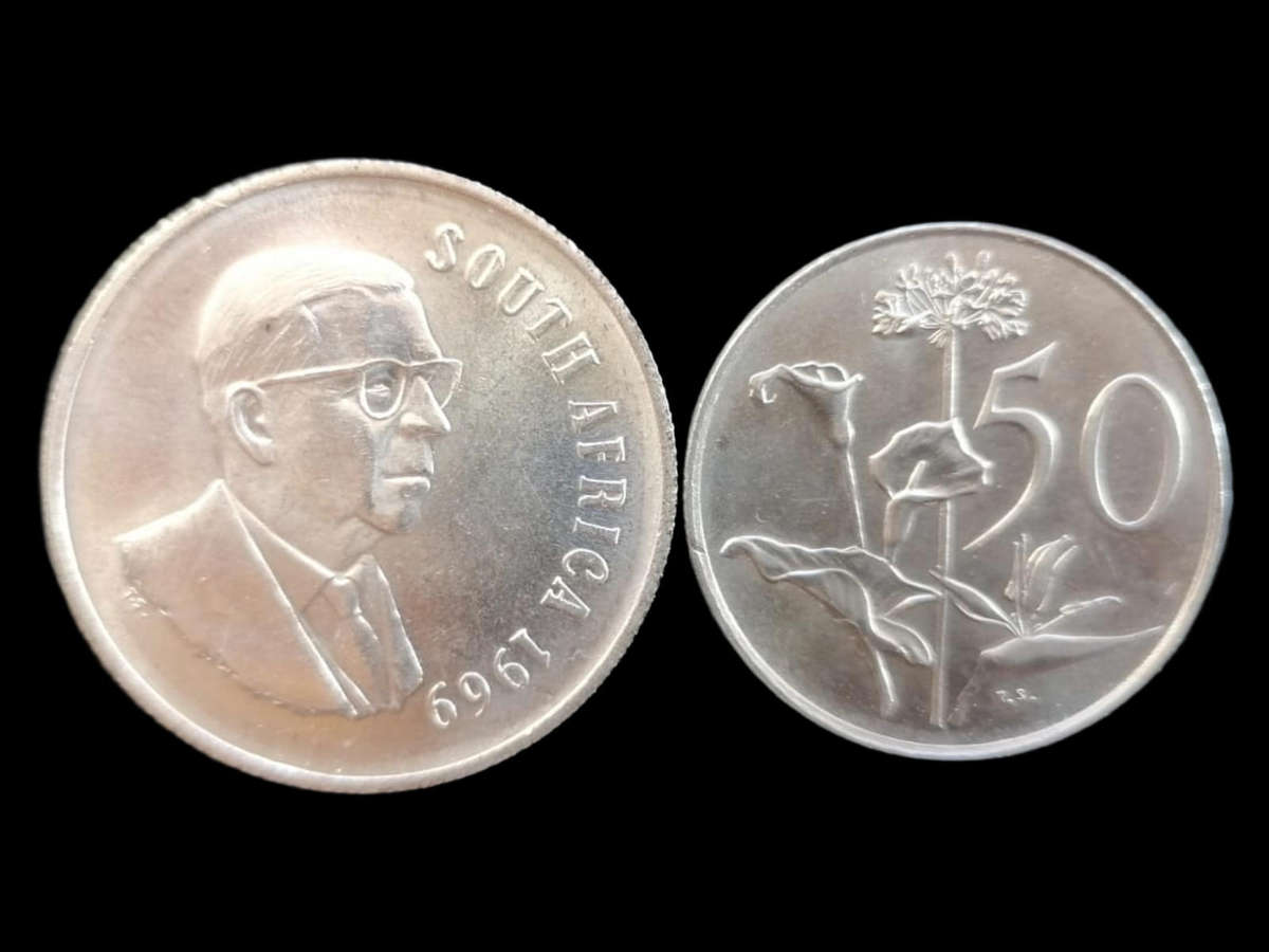 Rare Proof-Like South African Coins  1969 1 Rand & 1970 50c (Silver!)