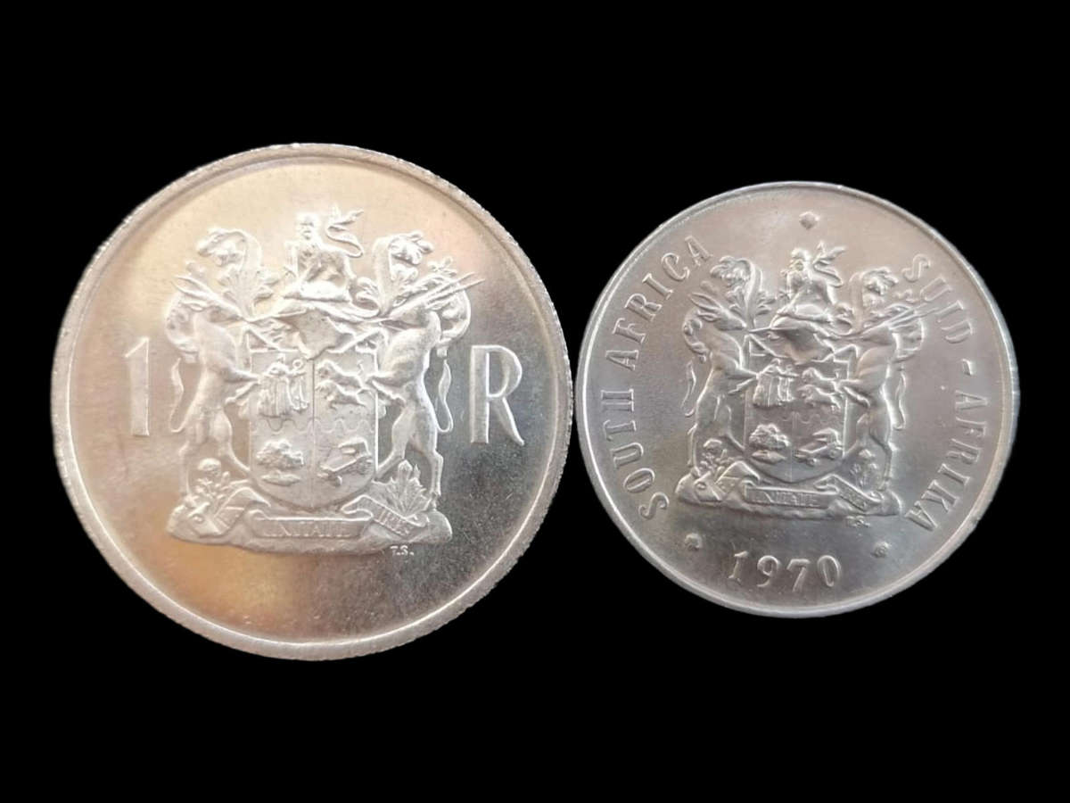 Rare Proof-Like South African Coins  1969 1 Rand & 1970 50c (Silver!)