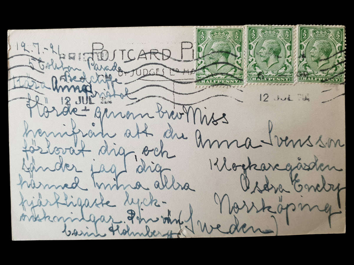 1926 GB KGV ½d x3 franking (1½d foreign rate)  Real Photo Postcard - Roman Circular Bath