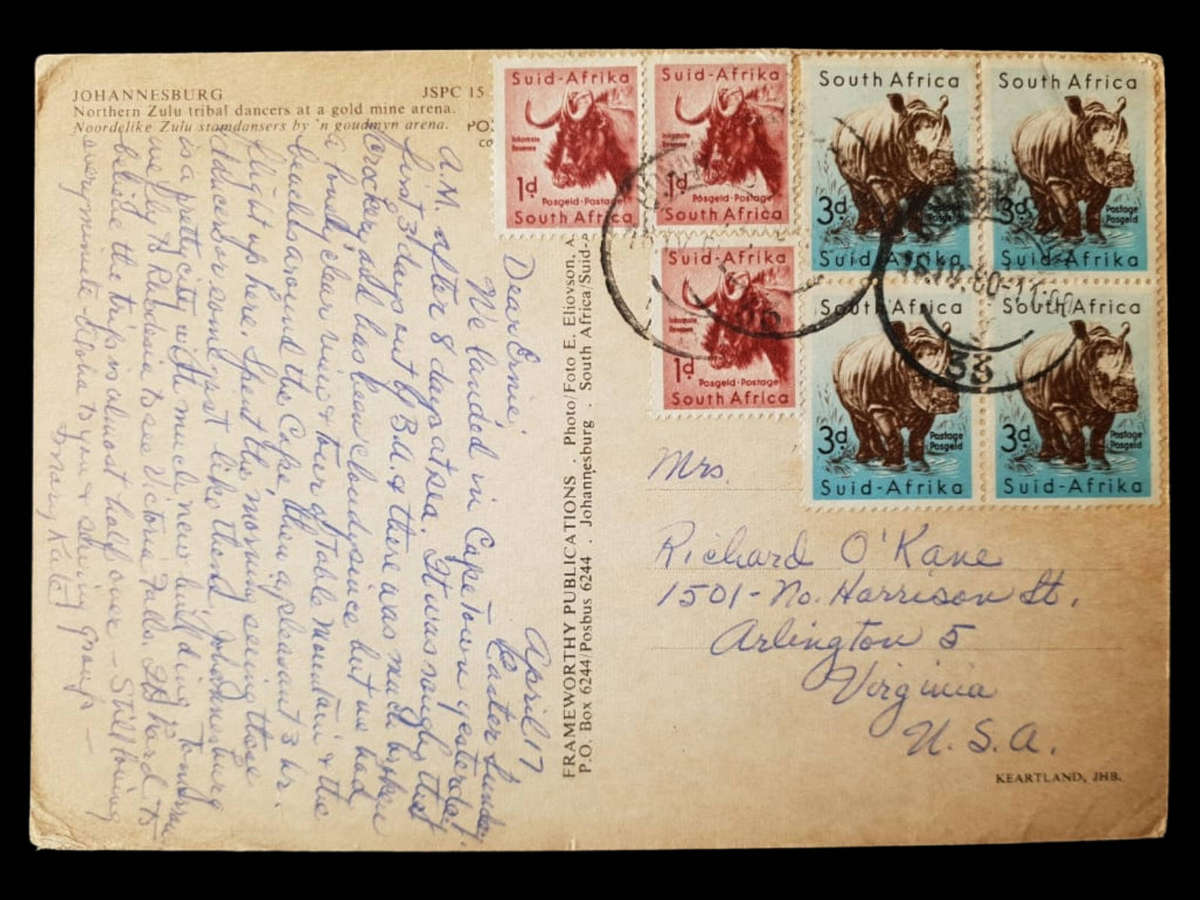 1950s SA postcard  Northern Zulu tribal dancers at a gold-mine arena multi-franked Wild Animals