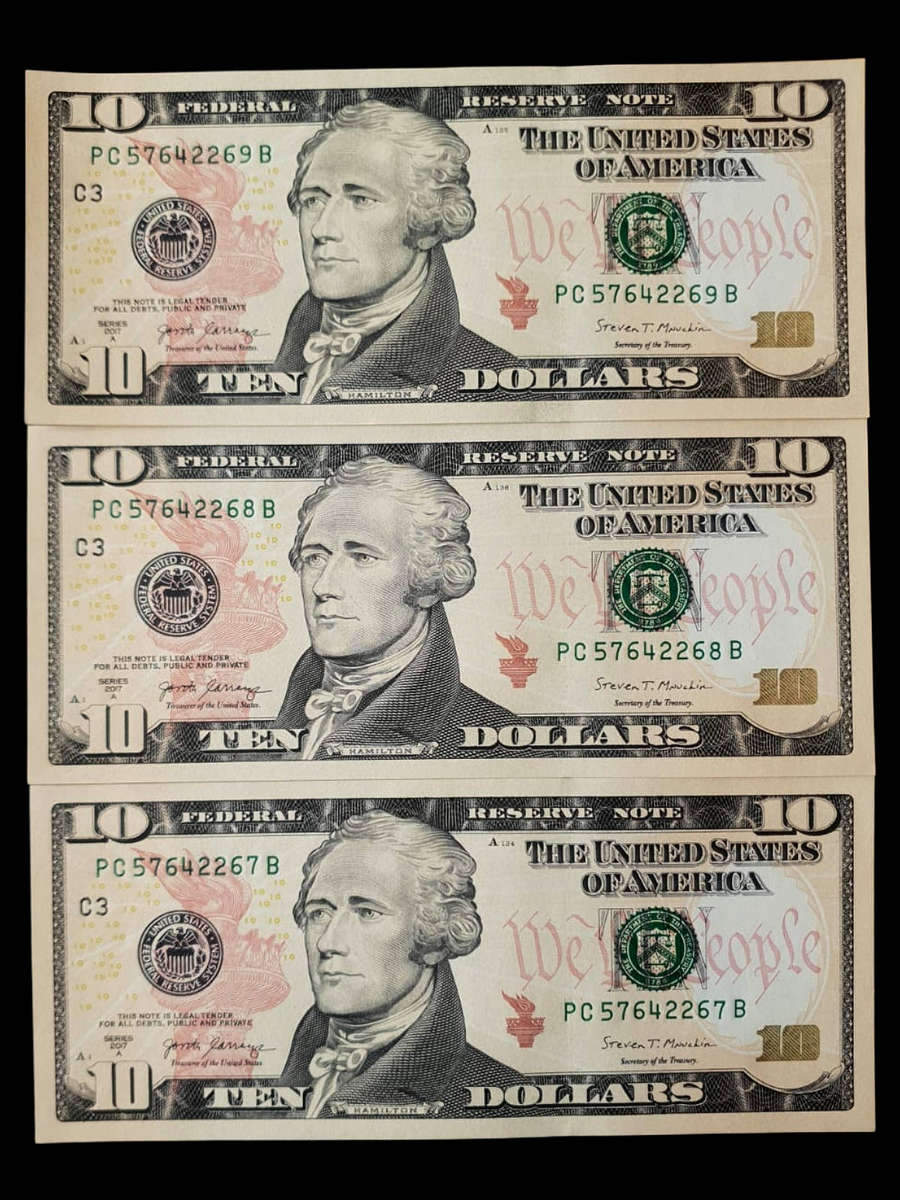 3 x Consecutive Serial Number U.S. $10 Federal Reserve Notes  Series 2017A  Uncirculated Condition