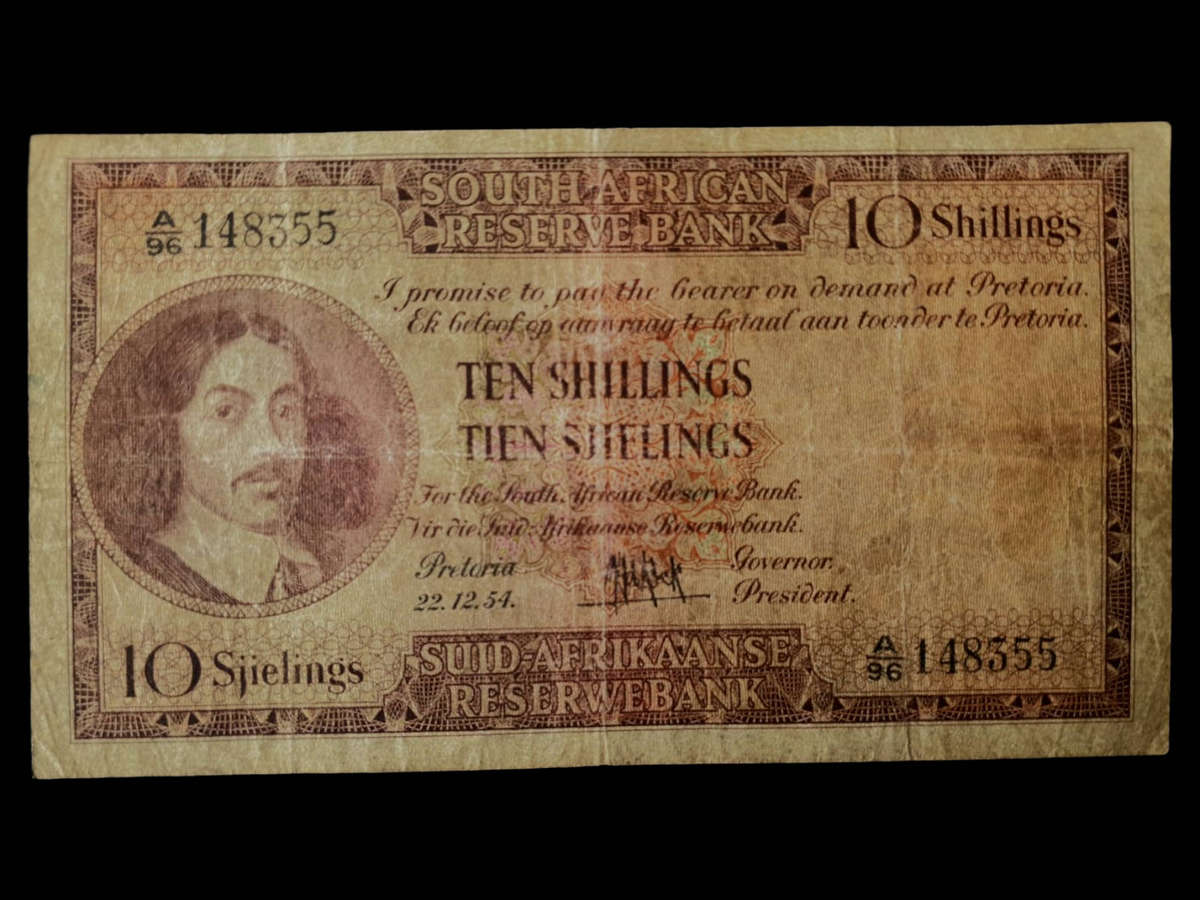 1954 South Africa 10 Shillings Banknote  Jan van Riebeeck  Early Pre-Decimal SARB Issue