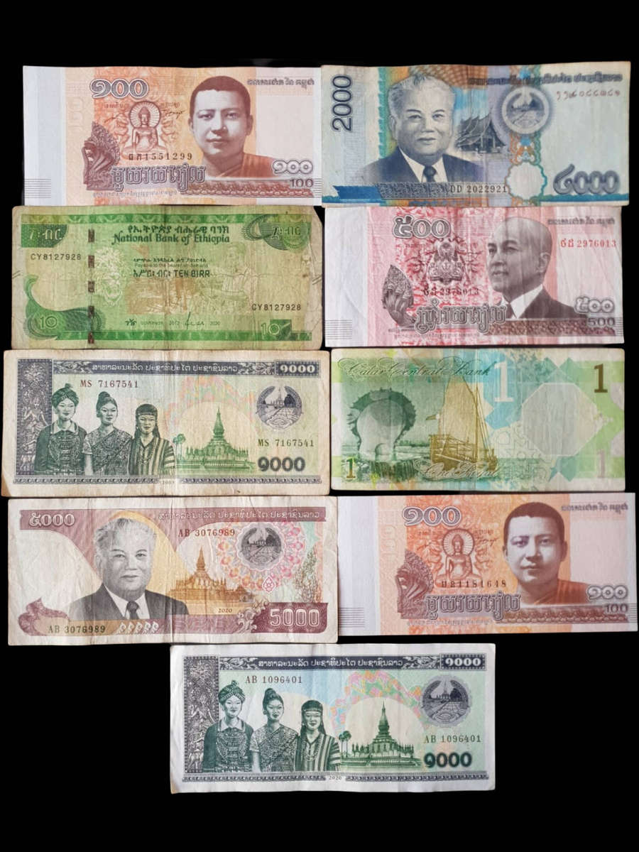 Lot of 9 Mixed World Banknotes  Cambodia, Laos, Ethiopia & Others  Various Dates and Denominations