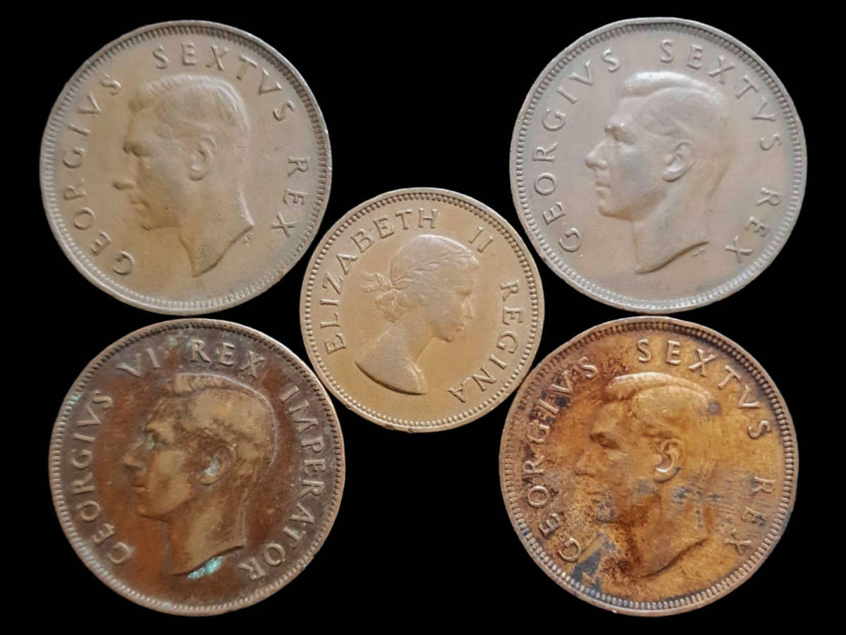 Lot of 5 Old South African Pennies & Half Penny Coins  King George VI & Queen Elizabeth