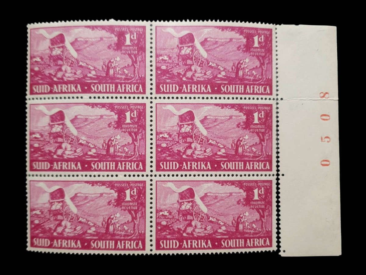 South Africa 1d Carmine Ox Wagon Definitive  Control Number Block of 6 (MNH)