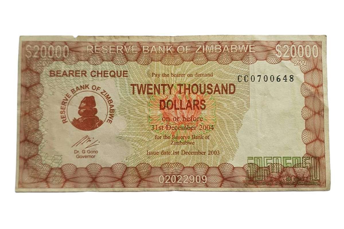 Zimbabwe 20,000 Dollar Bearer Cheque  1 December 2003 Issue  CC Prefix  Scarce Hyperinflation