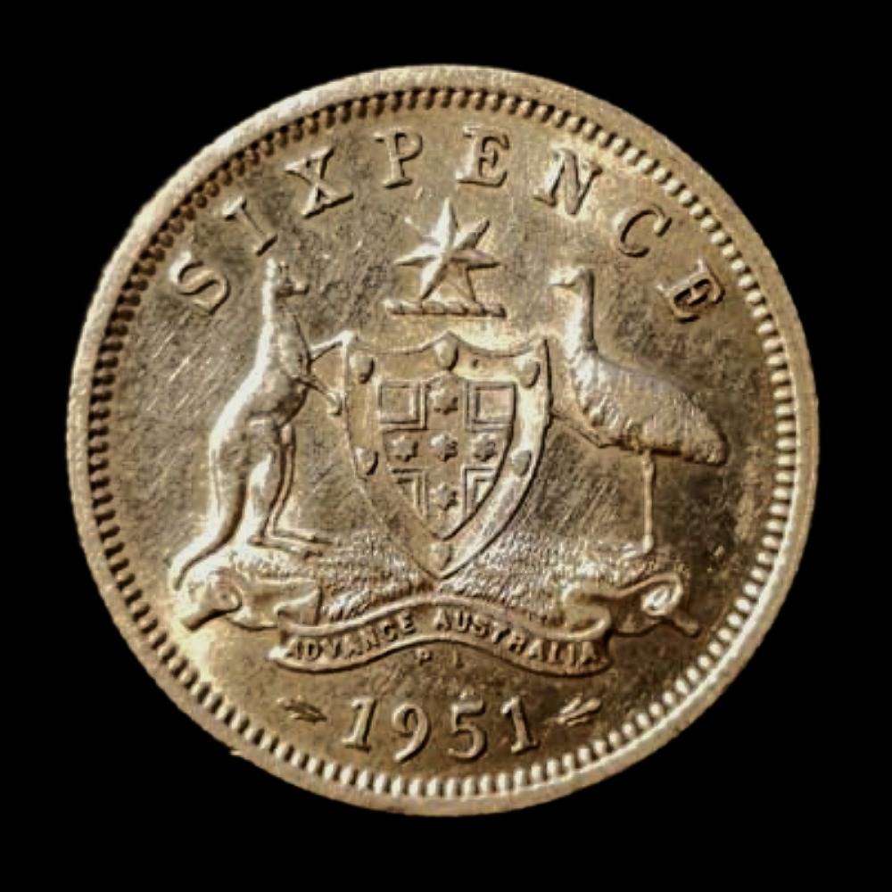 1951 Australia Sixpence  King George VI  50% Silver Coin
