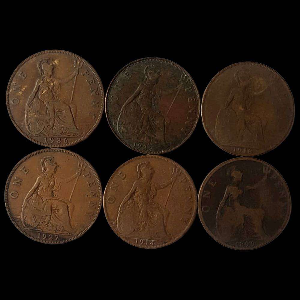 Lot of 6 British Large Pennies (18991936)