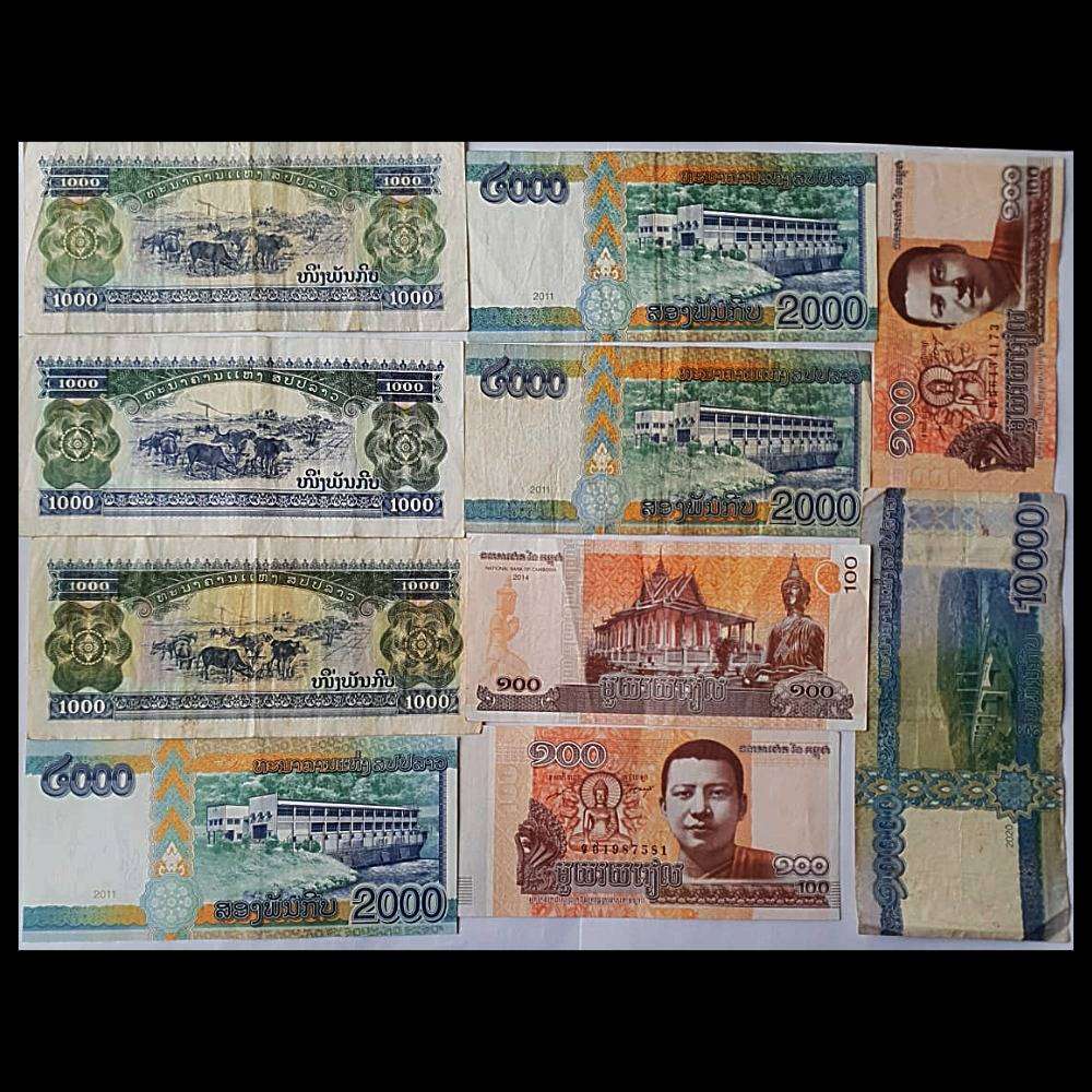 Lot of 10 Mixed Asian Banknotes  Laos & Cambodia