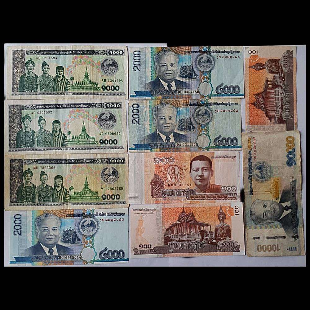 Lot of 10 Mixed Asian Banknotes  Laos & Cambodia