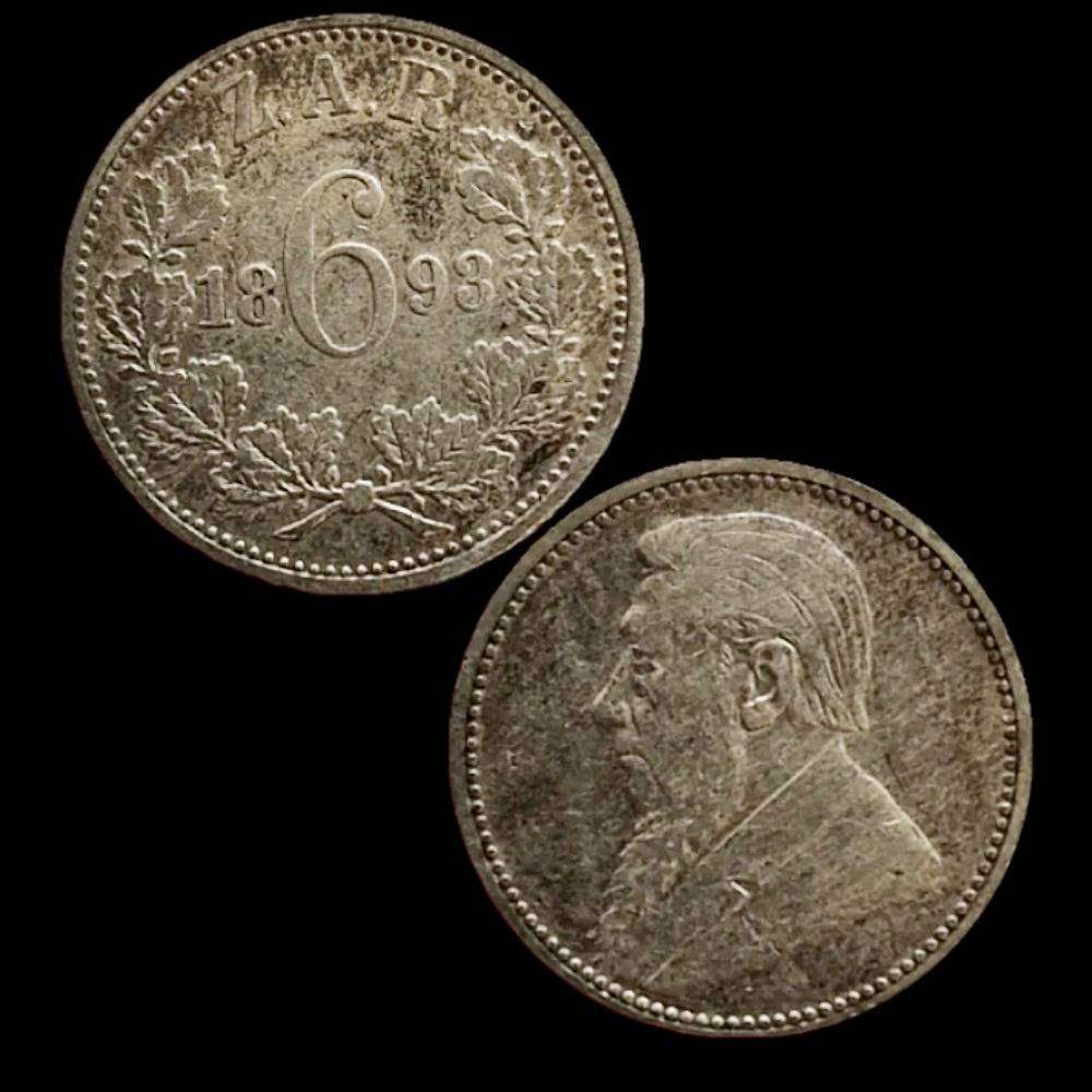 1893 Zuid-Afrikaansche Republiek (ZAR)  6 Pence .925 Silver Coin