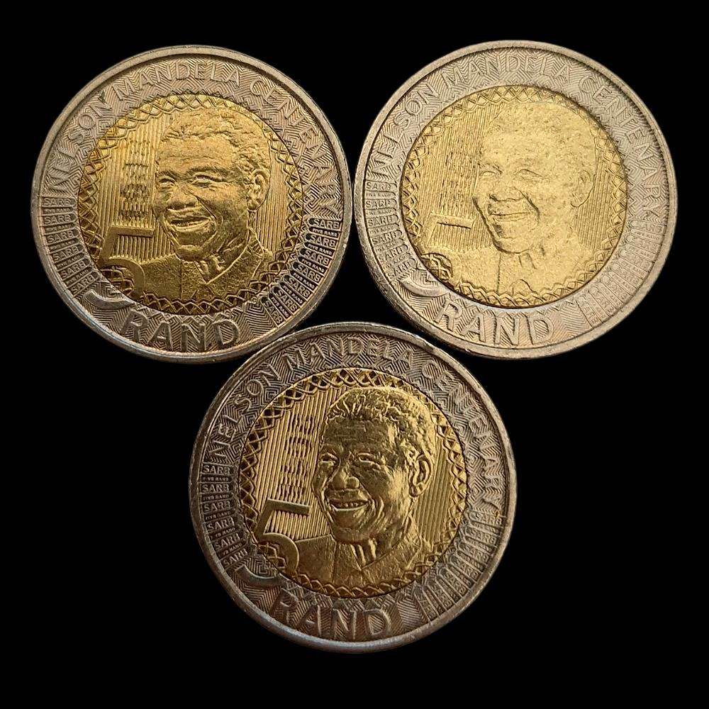 3 x Uncirculated South Africa R5 Coins  Nelson Mandela Centenary 2018