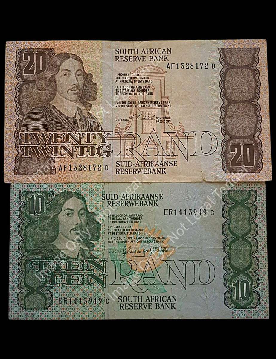 Vintage South African Reserve Bank Notes  10 Rand (Gerhard de Kock) & 20 Rand (C.L. Stals)