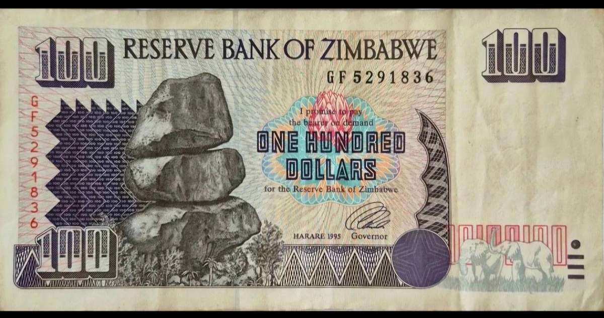Zimbabwe 100 Dollar Banknote  1995 Issue  Kariba Dam & Elephants