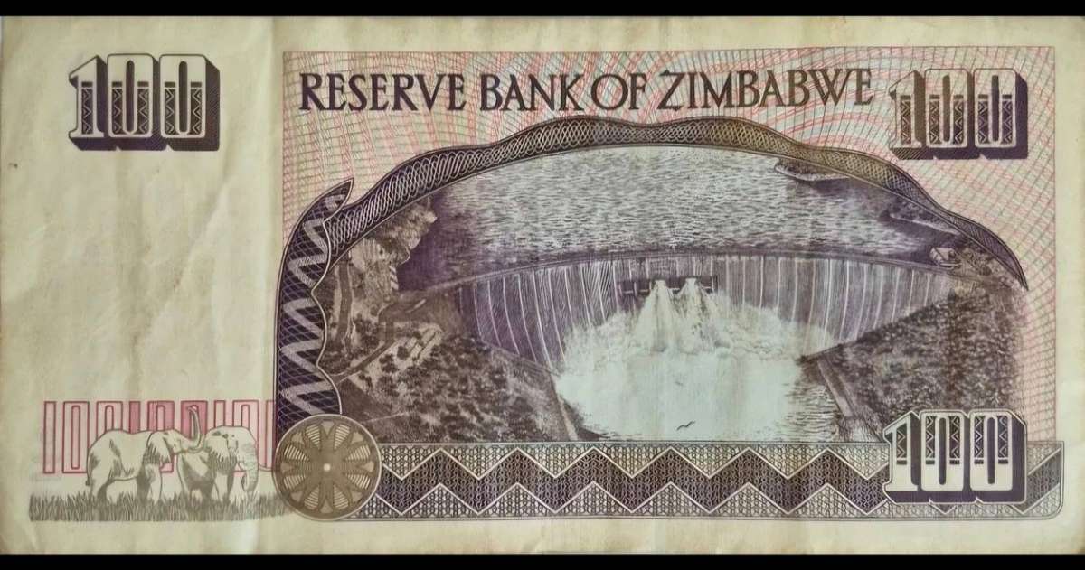 Zimbabwe 100 Dollar Banknote  1995 Issue  Kariba Dam & Elephants