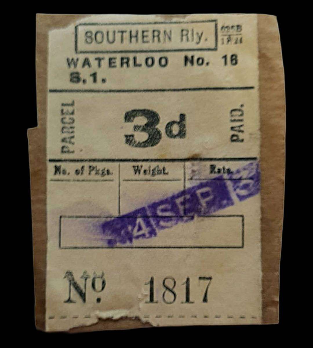 Vintage Southern Railway Parcel Label  Waterloo No.16  3d Fare  Original Pre-Decimal Ticket