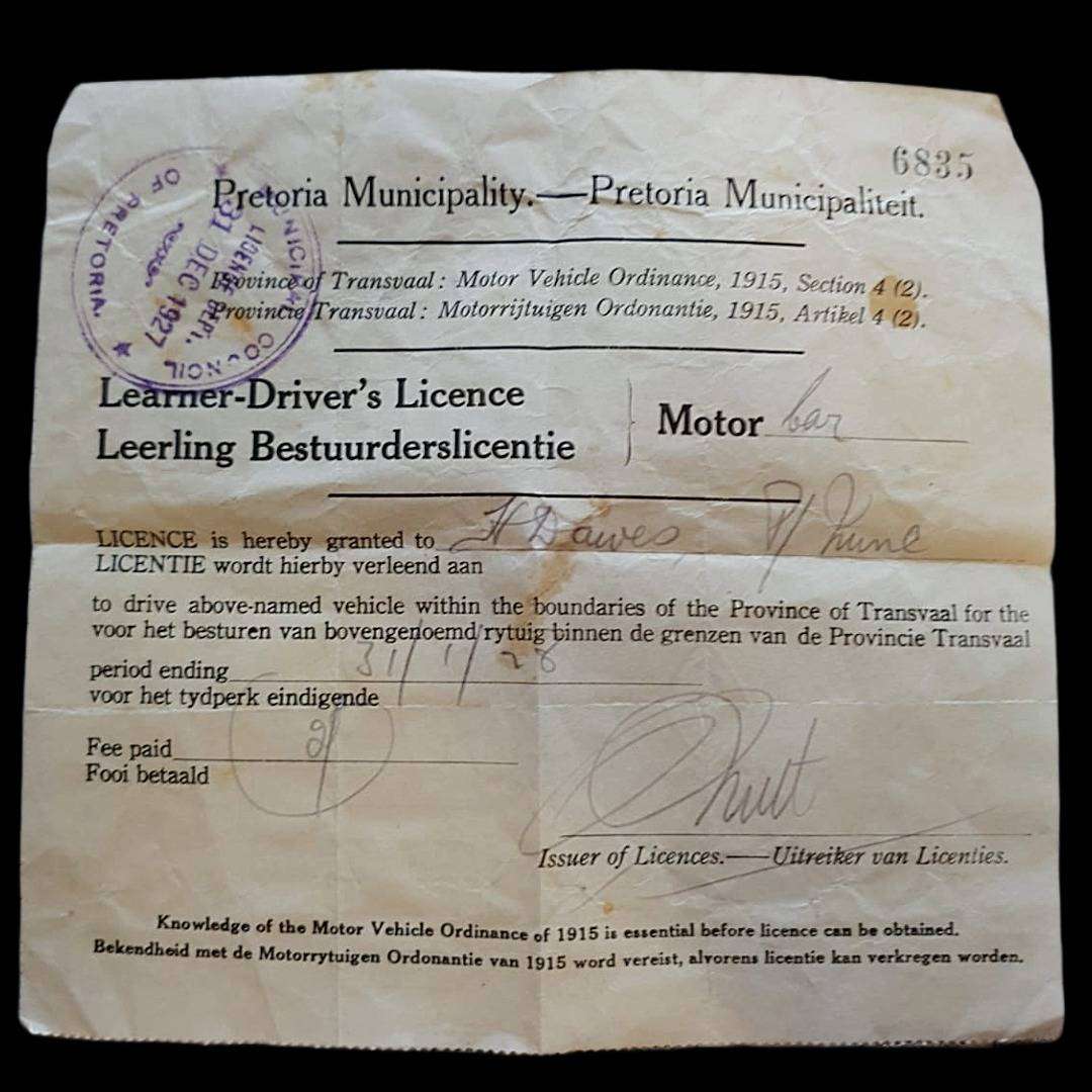 Vintage 1927 South African Learner Drivers Licence  Pretoria Municipality-Rare Transvaal Document