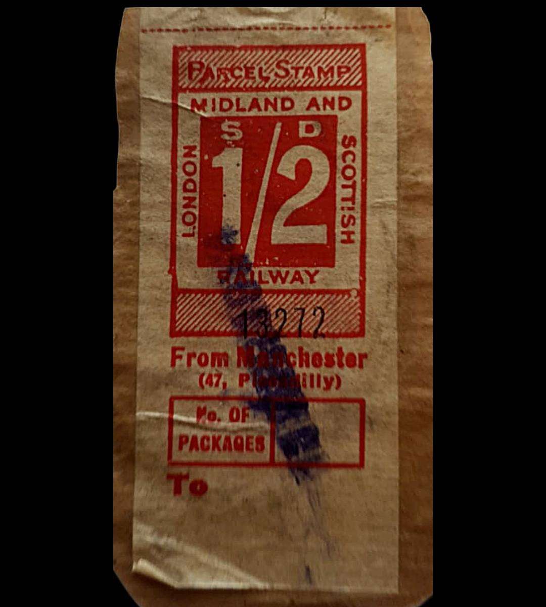Vintage LMS Parcel Stamp  1½d Fare  Manchester (Piccadilly)  Original Pre-Decimal Railway Label