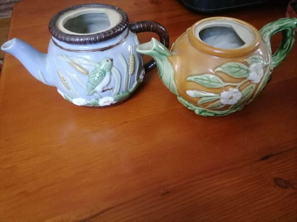 Vintage Majolica-Style Decorative Teapots (Set of 2  Bird & Floral Design, No Lids)