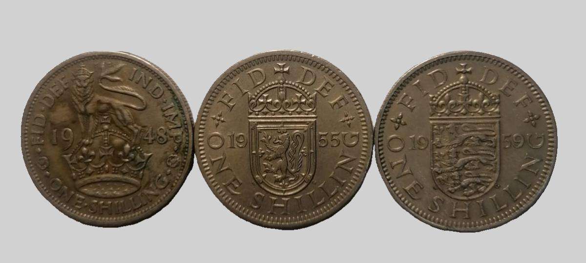 Lot of 3 British One Shilling Coins  1948, 1955, 1959  King George VI & Queen Elizabeth II