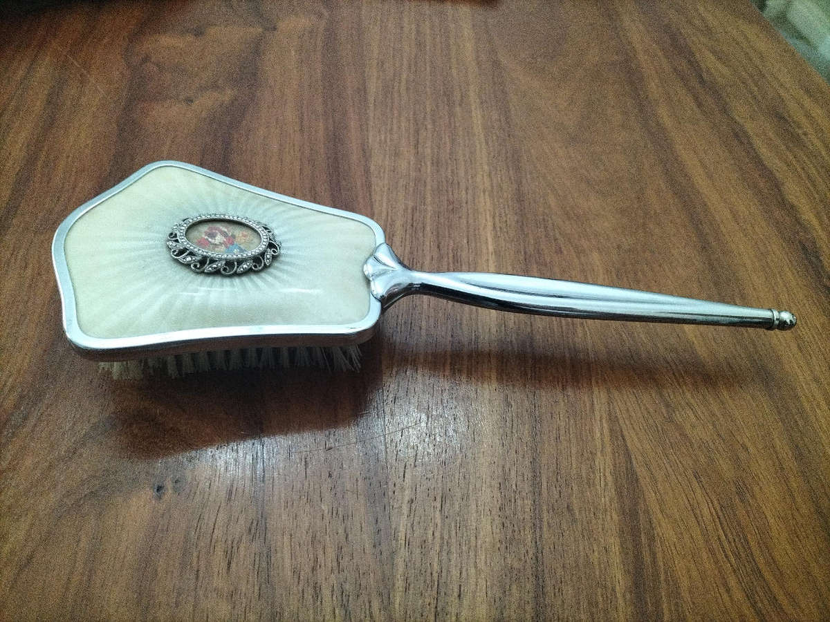 Vintage brush with oval petit point hand embroidery flower