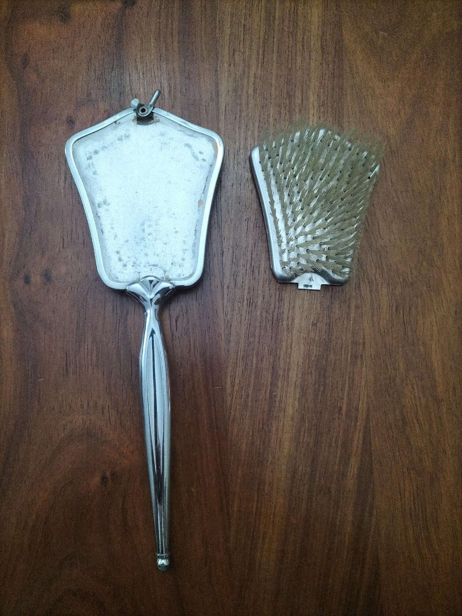 Vintage brush with oval petit point hand embroidery flower