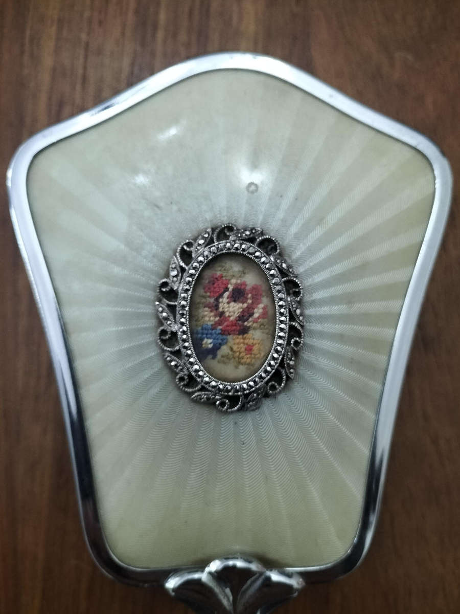 Vintage brush with oval petit point hand embroidery flower