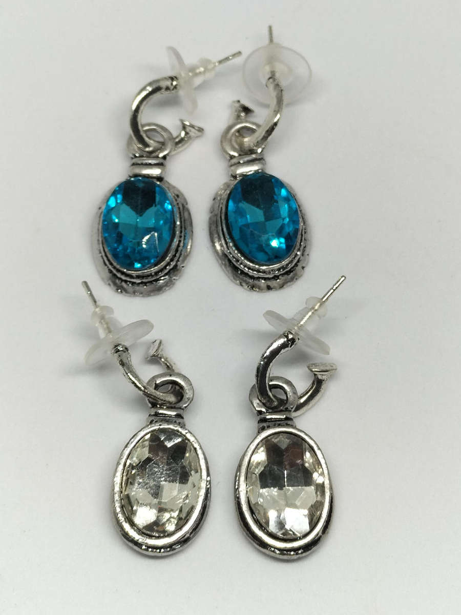 Earrings Oval Blue and Clear crystal set of 2