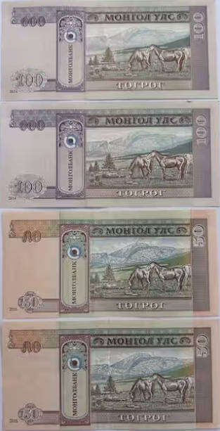 Mongolia Bank Notes - 2 x 100 Tugrik and 2 x 50 Tugrik - In AU Condition