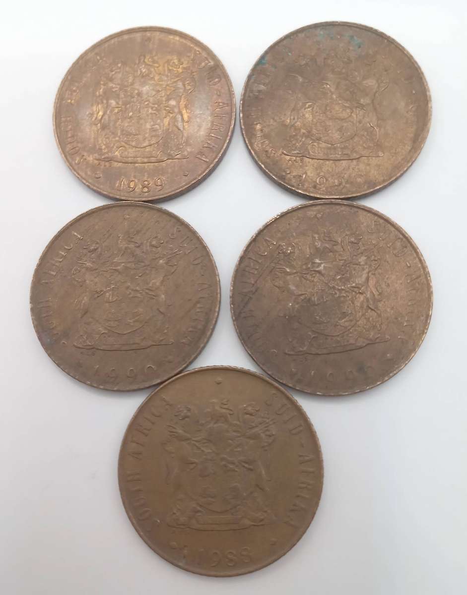 FIVE RSA 2 CENT COINS: 1 X 1988, 1 X 1989 AND 3 X 1990: ONE BID TAKES ALL