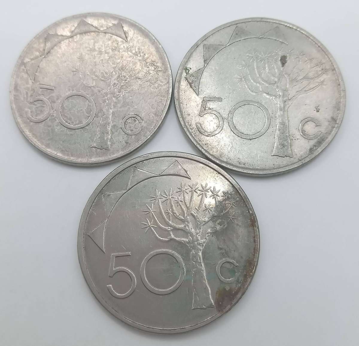 THREE NAMIBIAN 50 CENT COINS: 2 X 1993 AND 1 X 2008