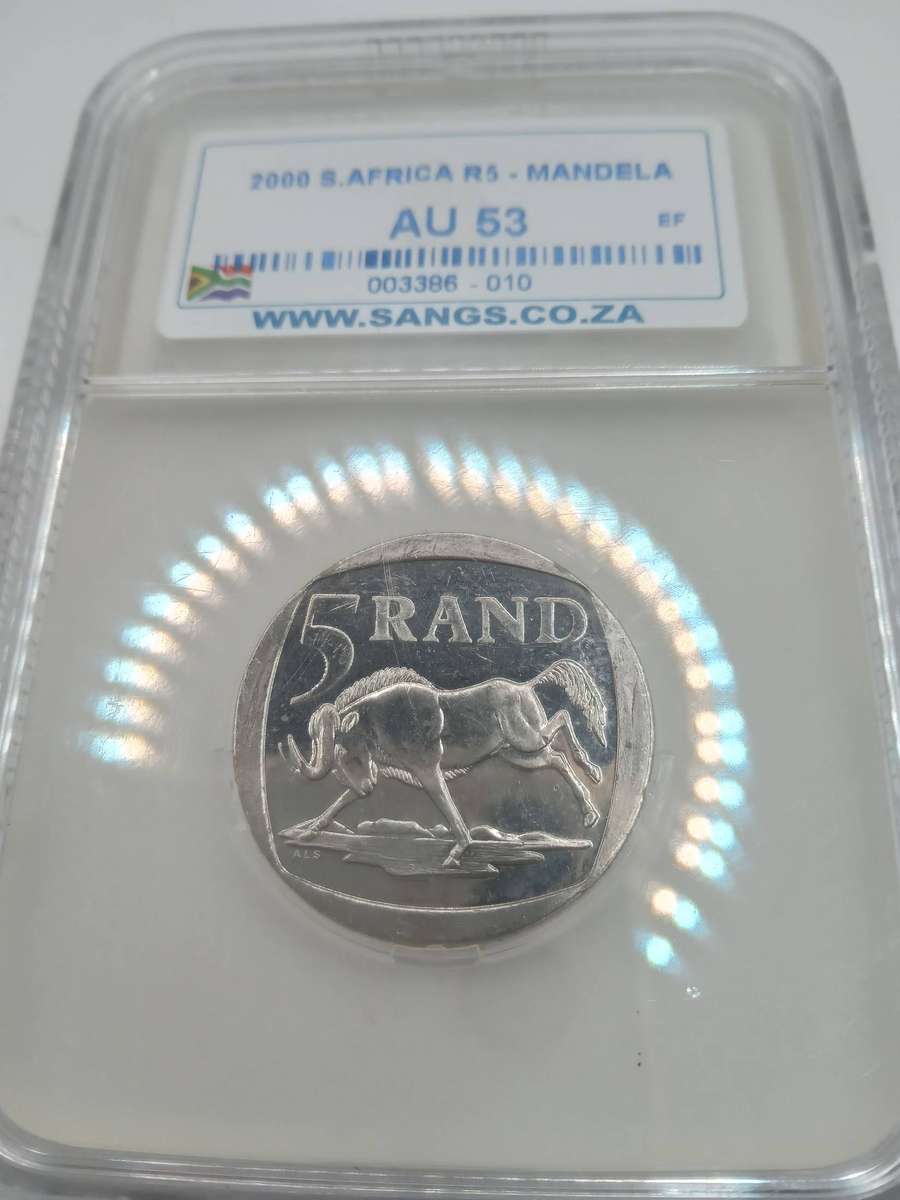 2000 RSA R5 MANDELA COIN BOXED - SANGS GRADED - AU53