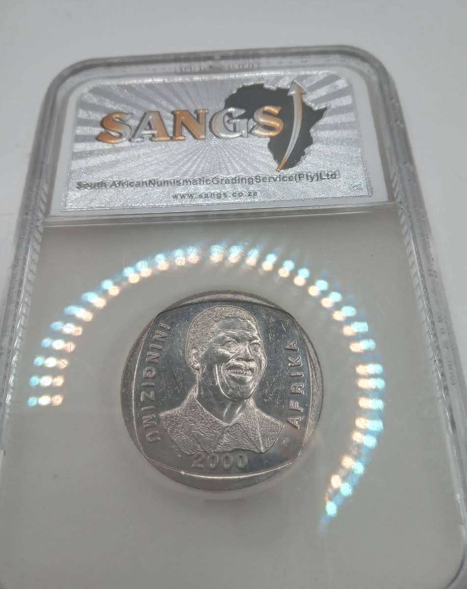 2000 RSA R5 MANDELA COIN BOXED - SANGS GRADED - AU53
