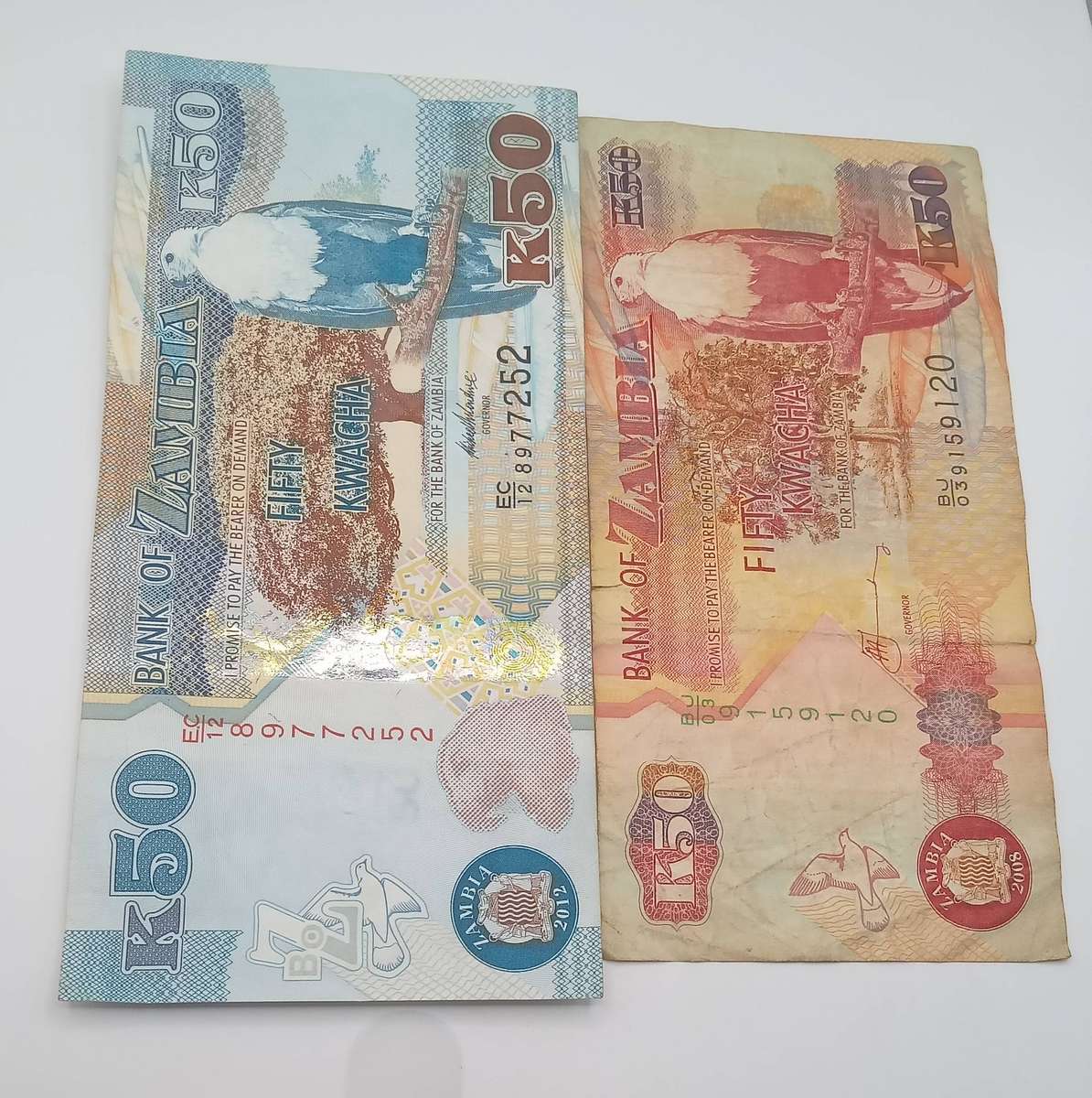 TWO ZAMBIA 50 KWACHA NOTES - 1 X 2008 AND 1 X ONE 2012