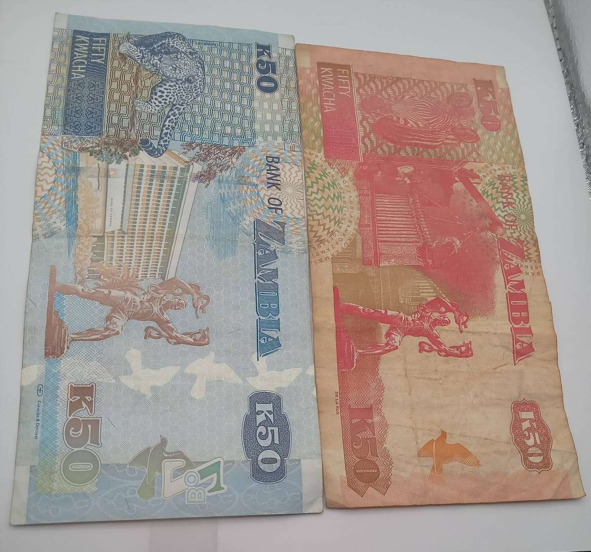 TWO ZAMBIA 50 KWACHA NOTES - 1 X 2008 AND 1 X ONE 2012