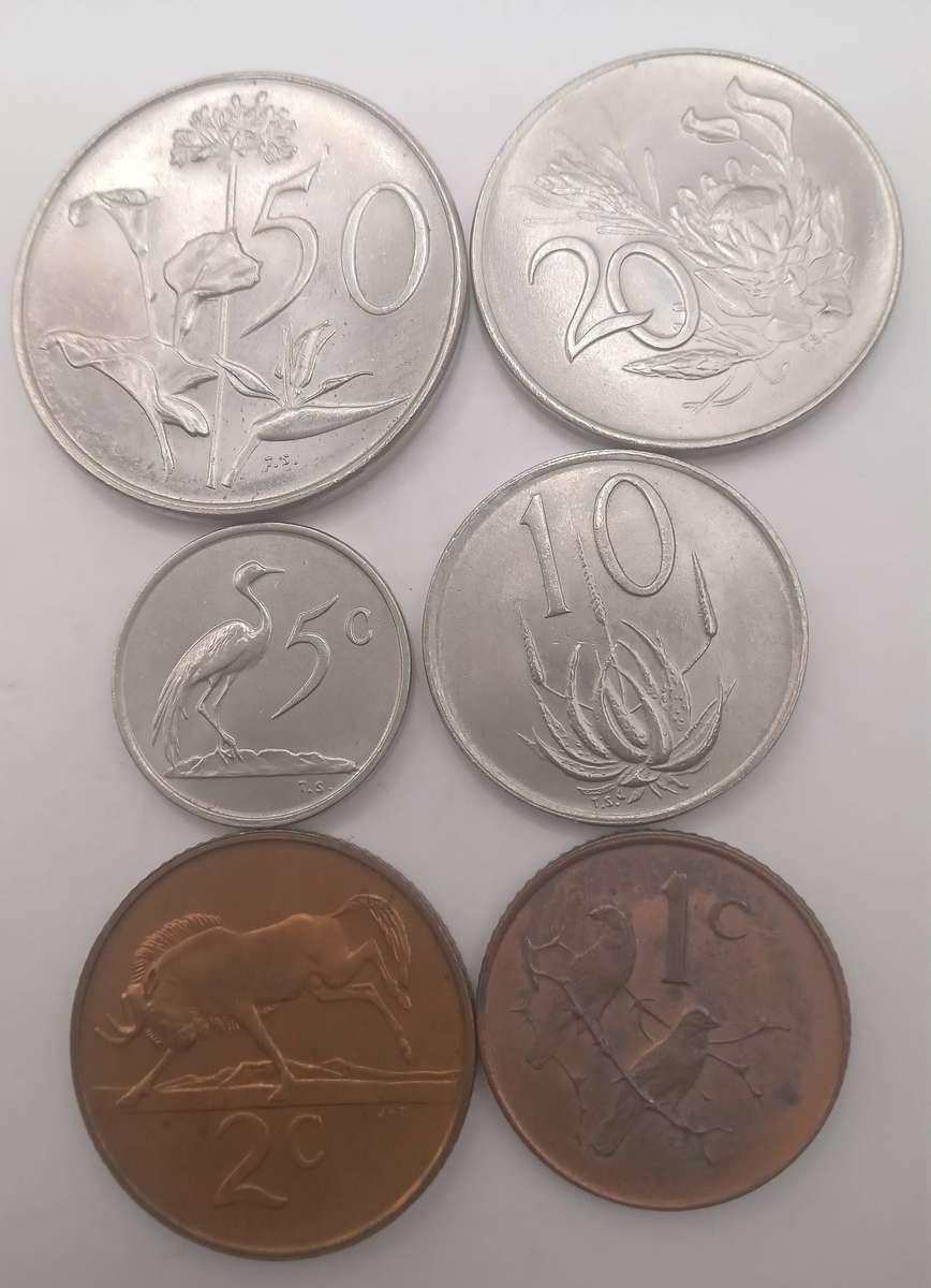 SIX RSA COINS: 1971 X 50c, 1966 x 20c, 1972 x 10c, 1969 x 5c, 1983 x 2c and 1966 x 1c- UNC CONDITION