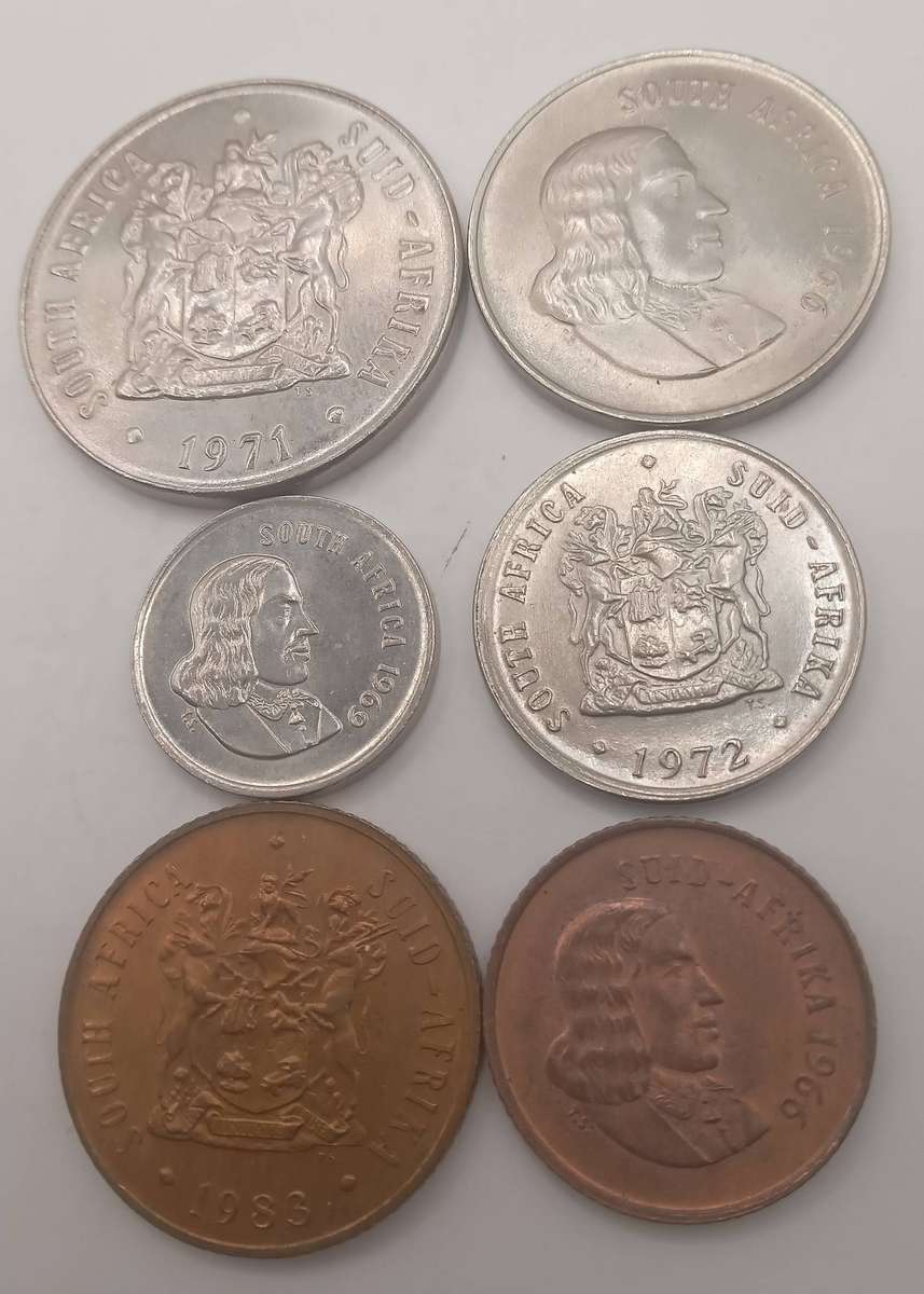SIX RSA COINS: 1971 X 50c, 1966 x 20c, 1972 x 10c, 1969 x 5c, 1983 x 2c and 1966 x 1c- UNC CONDITION