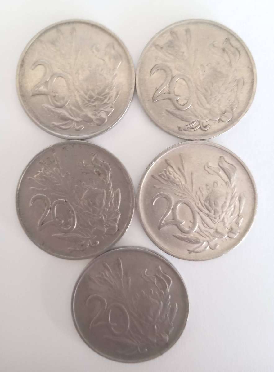 FIVE SA TWENTY CENT COINS: 2 X 1983, 2 X 1986 AND 1 X 1989