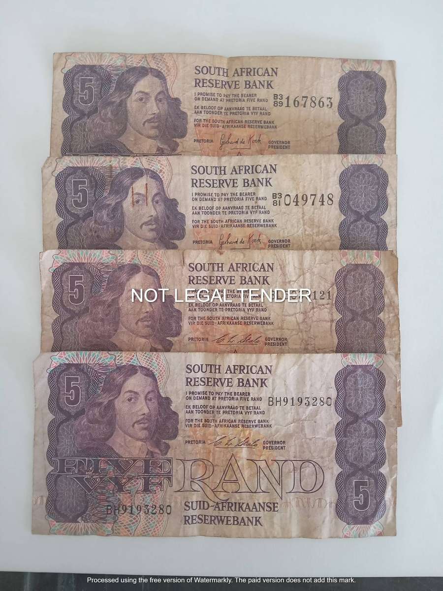 FOUR SA FIVE RAND - GPC DE KOCK AND TWO CL STALS - BANK NOTES- WELL CIRCULATED