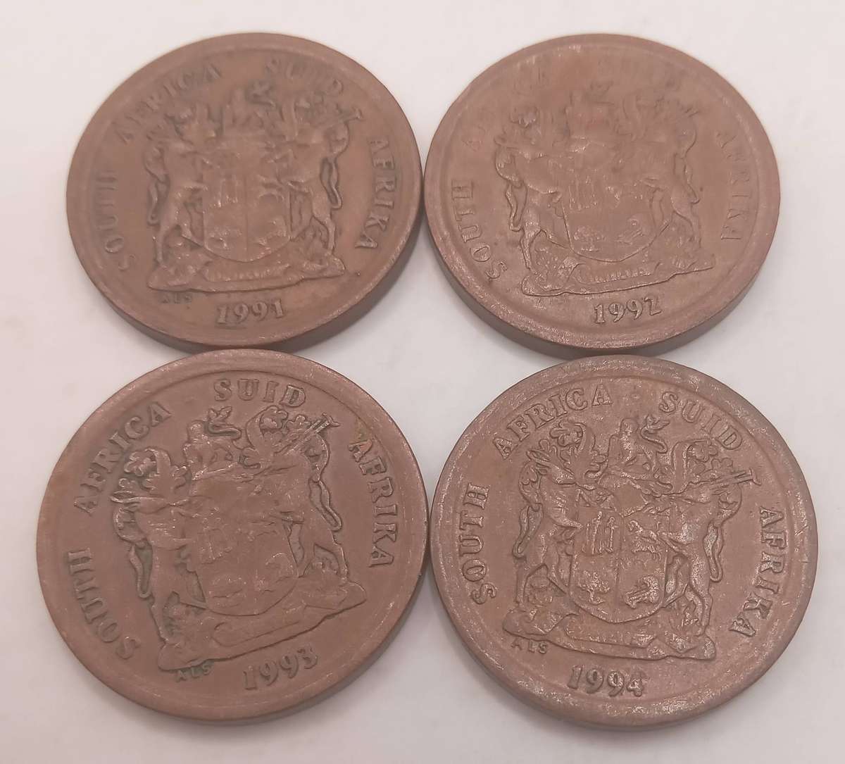 ONE SET OF FOUR RSA FIVE CENT COINS : 1991 - 1994 : FOUR CONSECUTIVE YEARS IN A ROW