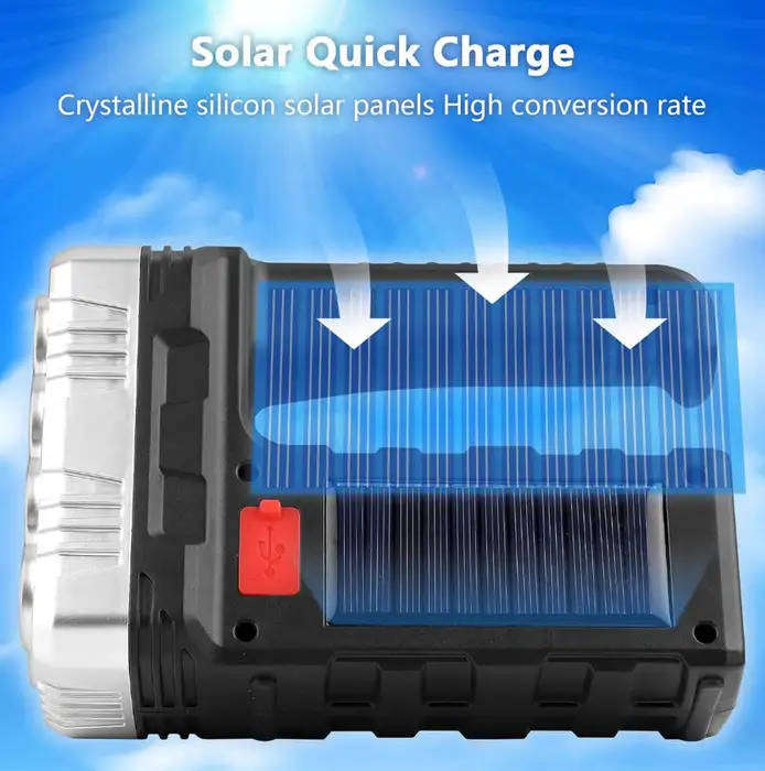 Ultra Bright 8 LED Flashlight Searchlight with USB and Solar Dual Charging TorchLight