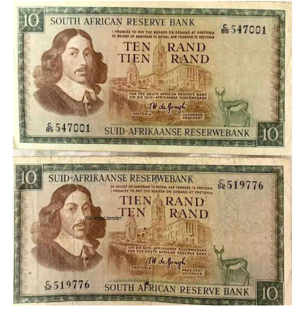 TWO RSA TEN RAND BANK NOTES - TW DE JONGH - NOT LEGAL TENDER