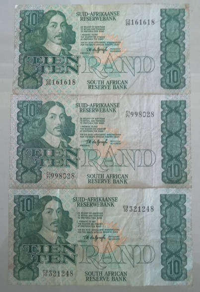 THREE SA TEN RAND BANK NOTES - ALL THREE TW DE JONGH- NOT LEGAL TENDER