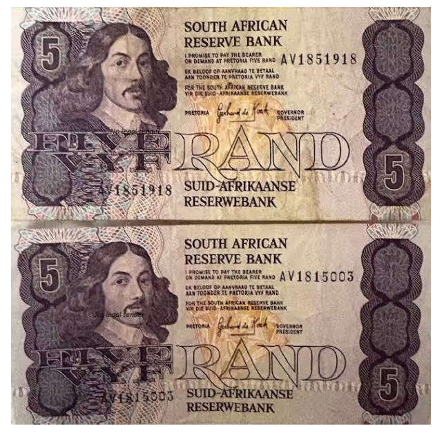 TWO RSA FIVE RAND NOTES- GERHARD DE KOCK - NOT LEGAL TENDER