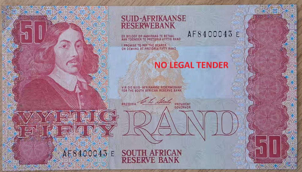ONE RSA FIFTY RAND BANK NOTE - CL STALS - NOT LEGAL TENDER
