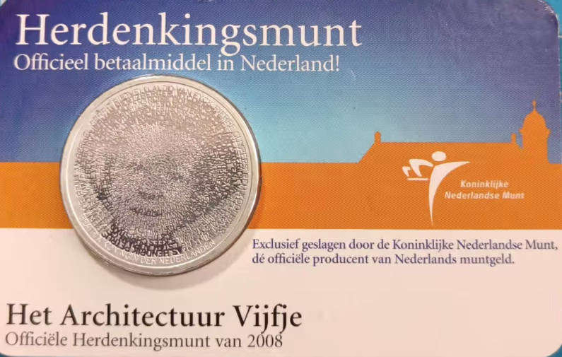 2008 Netherlands Celebration Coin - Het Architectuur Vijfje- Zwaar Verzilverde Euro 5,- munt