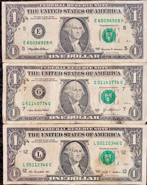 1999, 2003 AND 2009 USA ONE DOLLAR NOTES: E - G - L